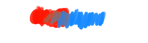 混合円ブラシで赤の下地の上に青の色を重ねて色の変わる様子を示した画像