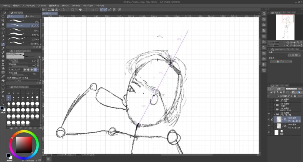 Clip Studio Proで描いた水を飲んでいる女の人のイラストの頭のサイズを測っている様子を示した画像