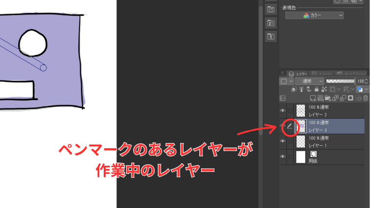 Clip Studioのレイヤーパレットで、ペンマークのあるレイヤーが作業中のレイヤーであることを示した画像