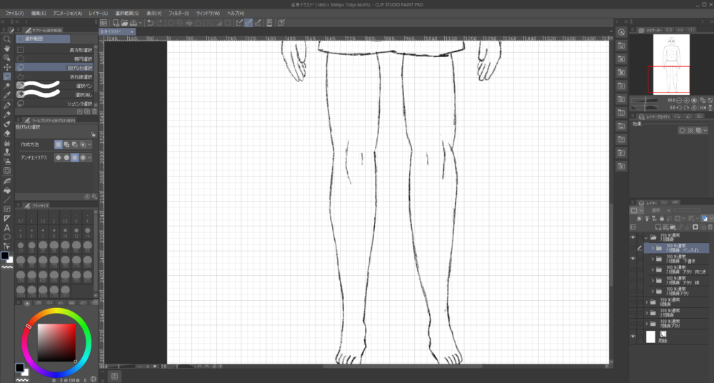Clip Studioで描いた成人男性のイラストの脚の部分をアップで示した画像