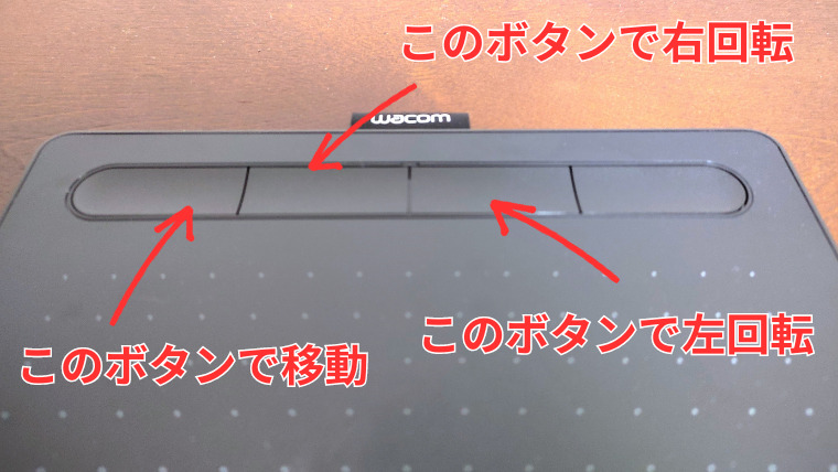 タブレットの1番左のボタンに移動の、左から2番目のボタンに右回転の、右から2番目のボタンに左回転のショートカットキーを割り当てたことを示した画像